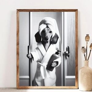 8.3"X 11.8",Black and White Dachshund in Bathrobe Wall Art